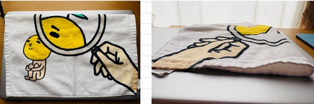 上から1/3を折ったフェイスタオルの写真と、断面図の写真