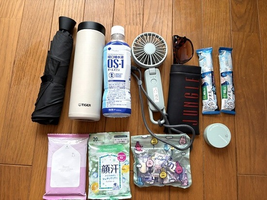 夏の通勤でバッグに入れている暑さ択策グッズの写真。